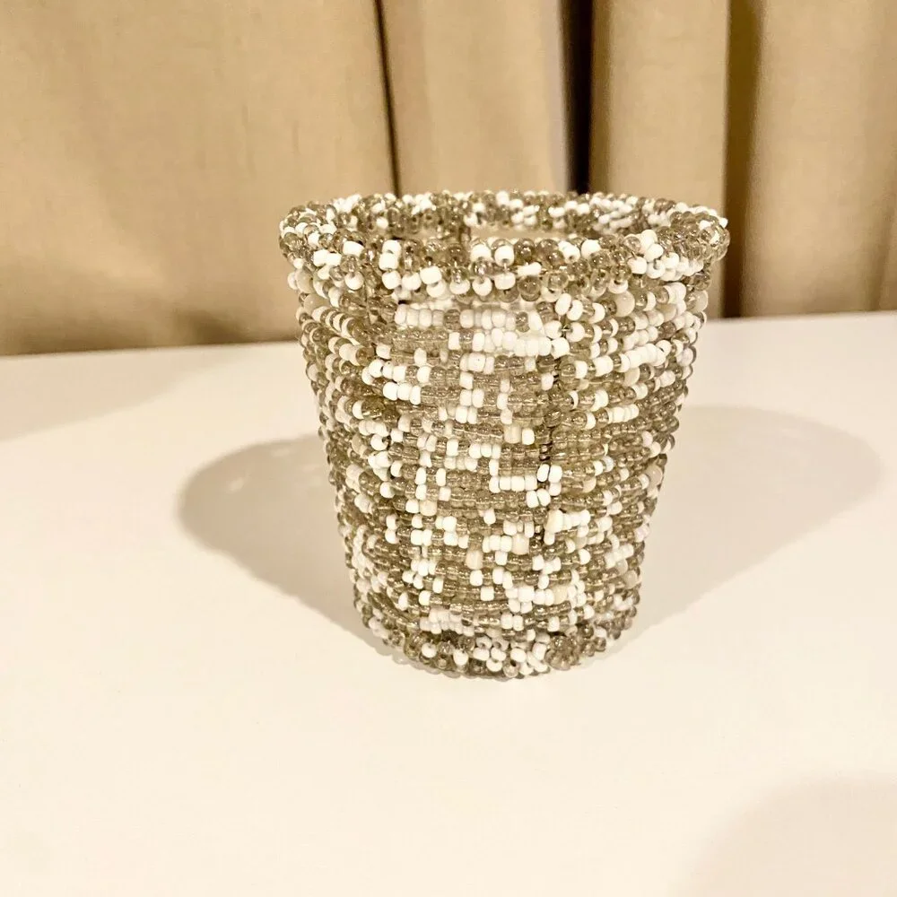 Vintage Glass Beaded Votive‎ Candle or Tea Light Holder with Seed Beading, 3